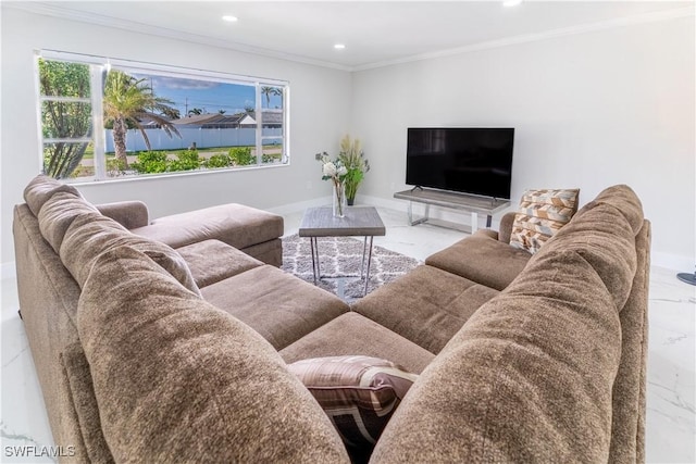 living room with ornamental molding