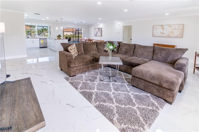 living room with crown molding