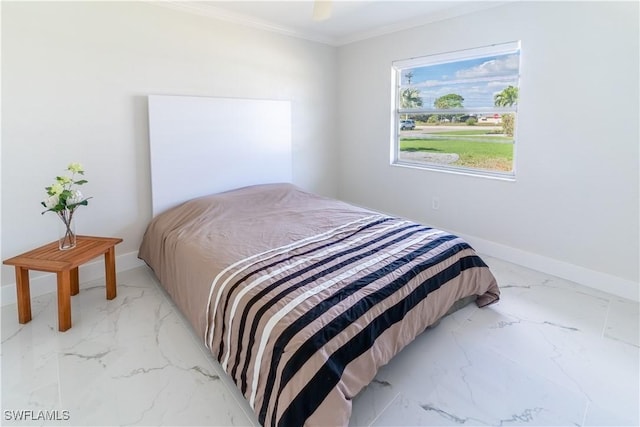 bedroom with ceiling fan and ornamental molding