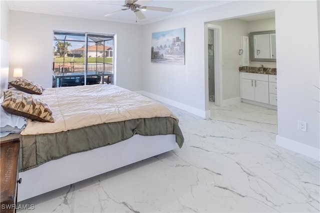 bedroom with crown molding, ceiling fan, ensuite bathroom, and access to exterior