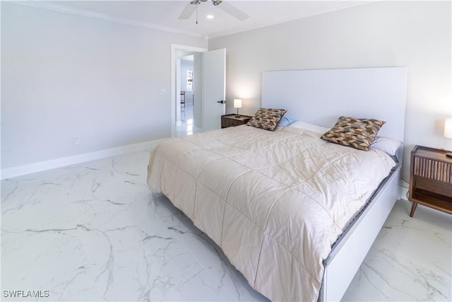 bedroom featuring ornamental molding and ceiling fan