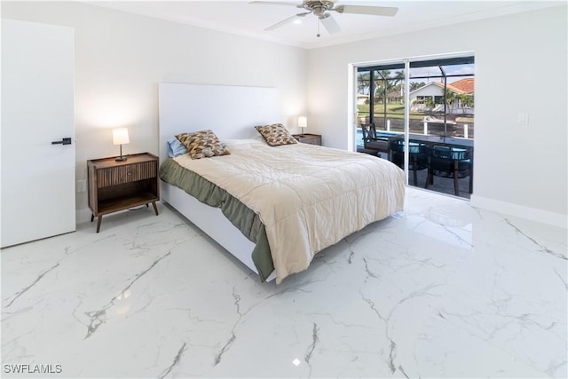 bedroom featuring access to outside, ornamental molding, and ceiling fan