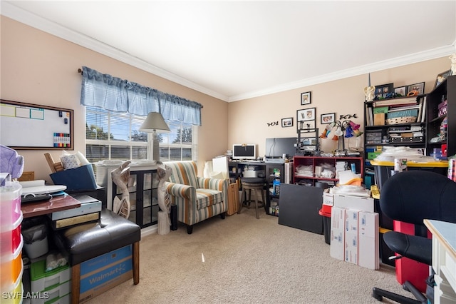 carpeted office space with crown molding