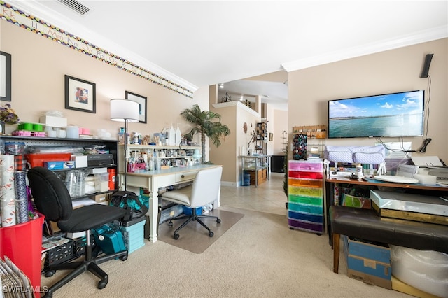 office space with crown molding and light colored carpet