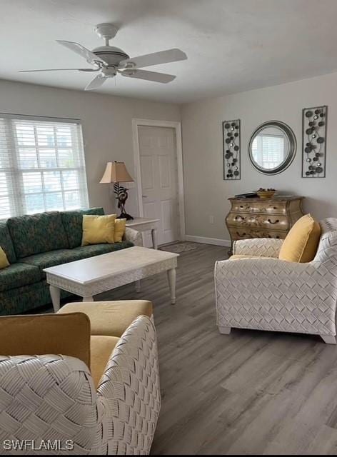 living room featuring hardwood / wood-style floors and ceiling fan