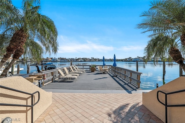 view of dock with a water view