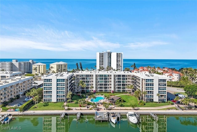 bird's eye view with a water view