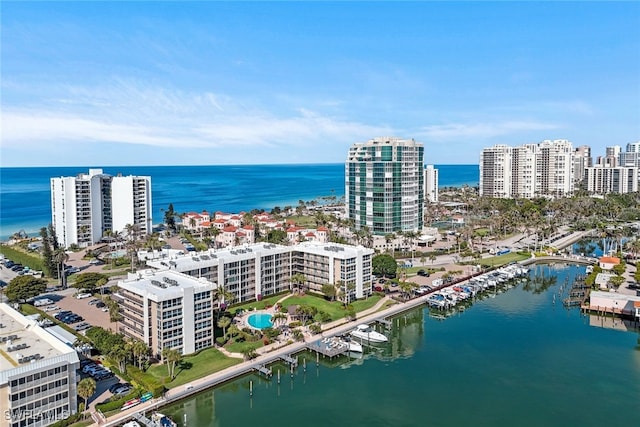 drone / aerial view featuring a water view