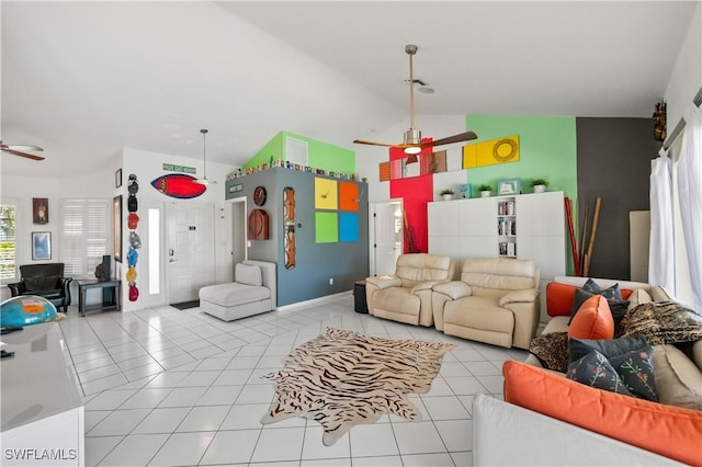 tiled living room featuring vaulted ceiling and ceiling fan