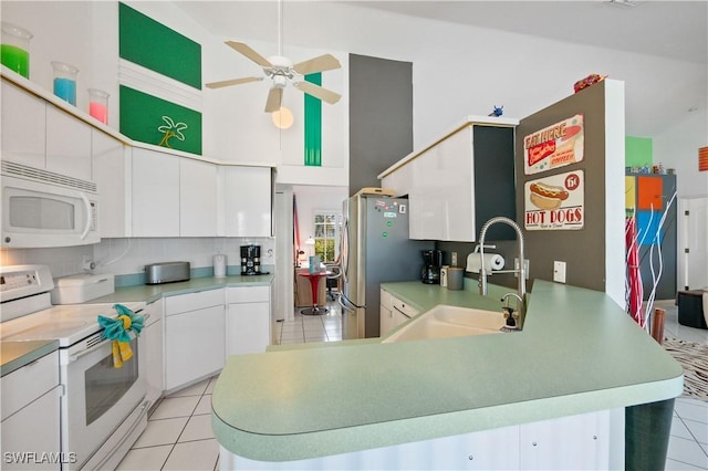 kitchen featuring sink, white cabinets, white appliances, and kitchen peninsula