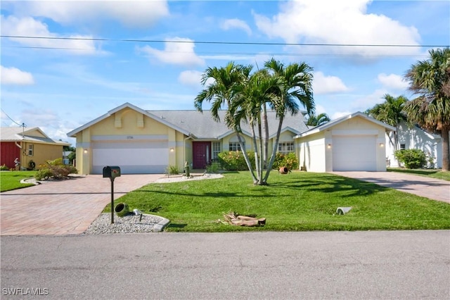 ranch-style house with a garage and a front yard