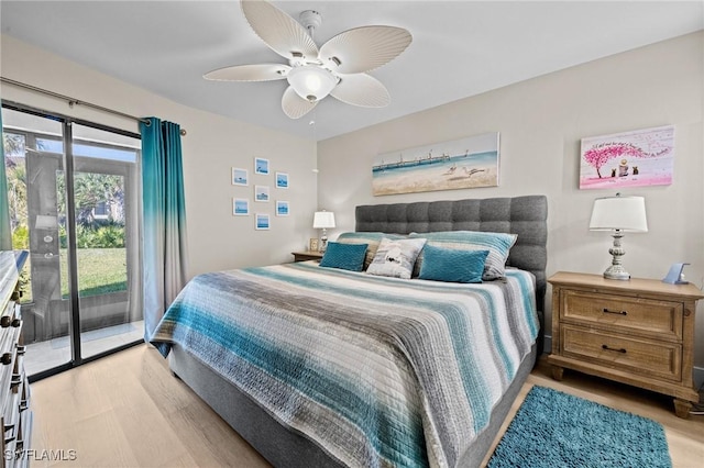 bedroom with access to exterior, light hardwood / wood-style floors, and ceiling fan