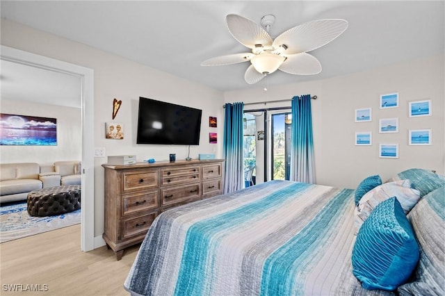 bedroom with ceiling fan, access to outside, and light wood-type flooring