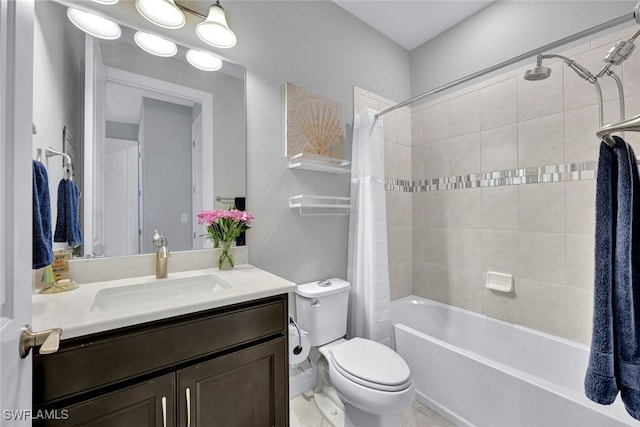 full bathroom featuring vanity, shower / bathtub combination with curtain, and toilet