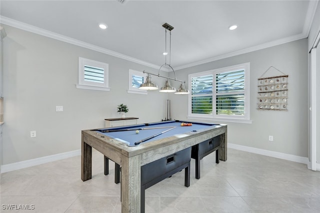 playroom with crown molding, light tile patterned flooring, and billiards