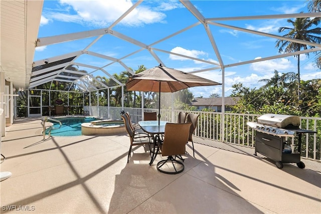 view of patio / terrace featuring a swimming pool with hot tub, a lanai, and a grill