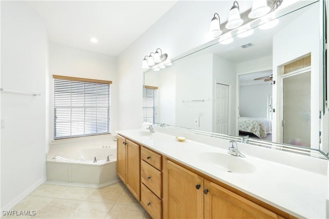 bathroom with vanity and plus walk in shower