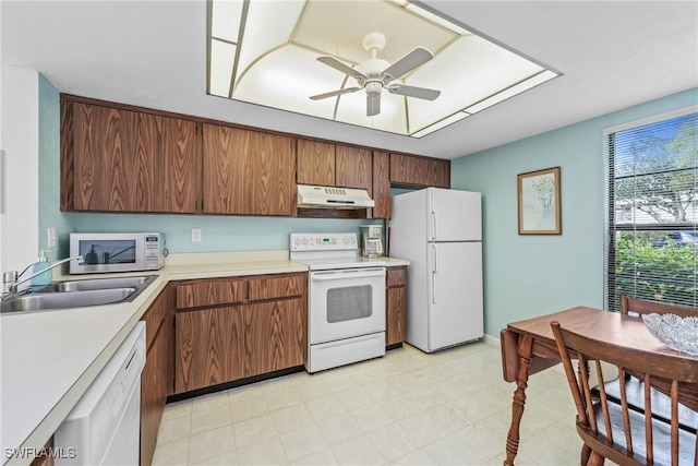 kitchen with ceiling fan, sink, and white appliances