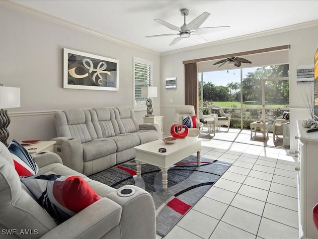 tiled living room with crown molding and ceiling fan