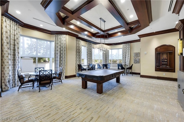 playroom with crown molding, coffered ceiling, and light carpet