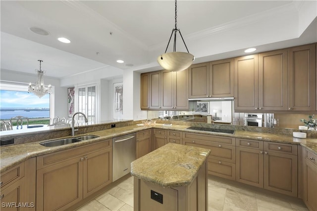 kitchen with sink, crown molding, appliances with stainless steel finishes, hanging light fixtures, and light stone countertops