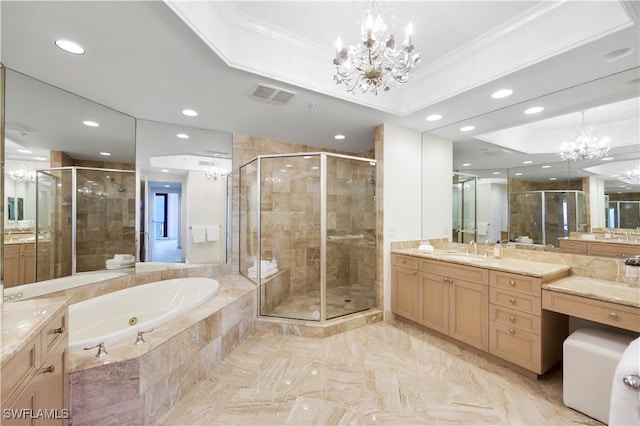 bathroom featuring crown molding, an inviting chandelier, vanity, plus walk in shower, and a raised ceiling