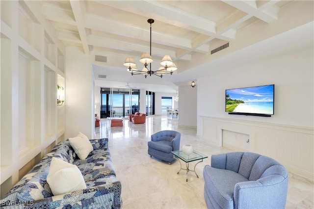 living room with beamed ceiling, coffered ceiling, and a chandelier