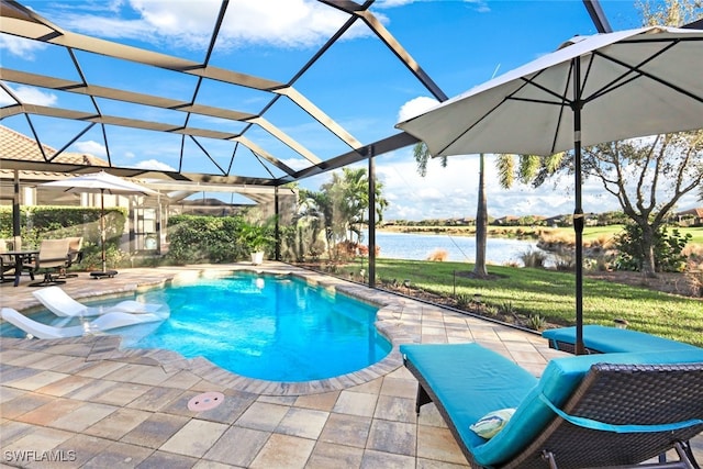 view of swimming pool with a water view, glass enclosure, and a patio area