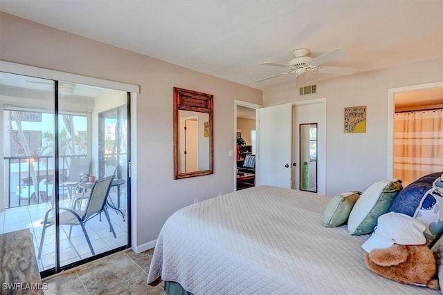 bedroom featuring light tile patterned floors, access to exterior, and ceiling fan