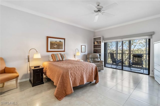 tiled bedroom with ceiling fan, ornamental molding, and access to outside