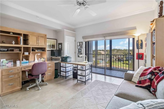 office area with light tile patterned floors, ornamental molding, and ceiling fan