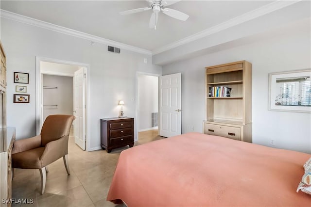 bedroom with connected bathroom, crown molding, and ceiling fan