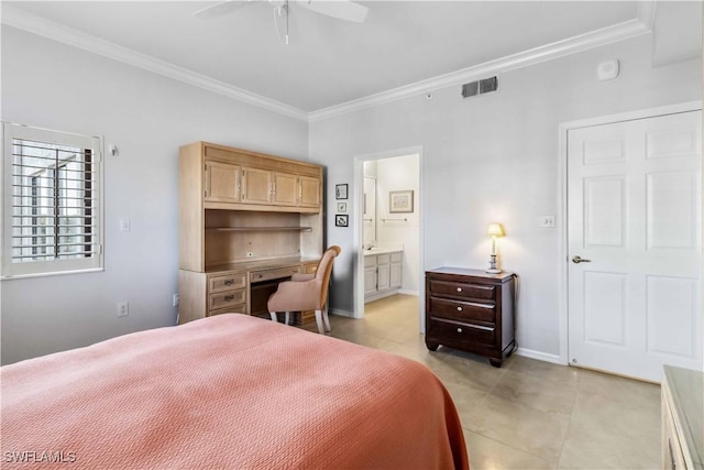 tiled bedroom with ensuite bathroom, ceiling fan, ornamental molding, and built in desk