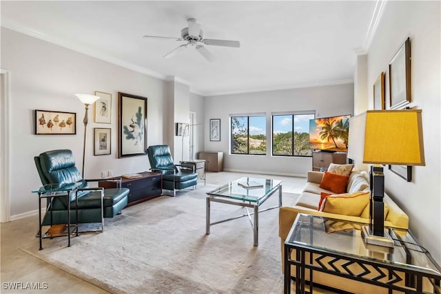 living room featuring ornamental molding and ceiling fan