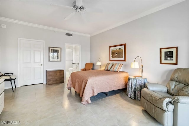 bedroom featuring crown molding, ensuite bathroom, ceiling fan, and light tile patterned flooring