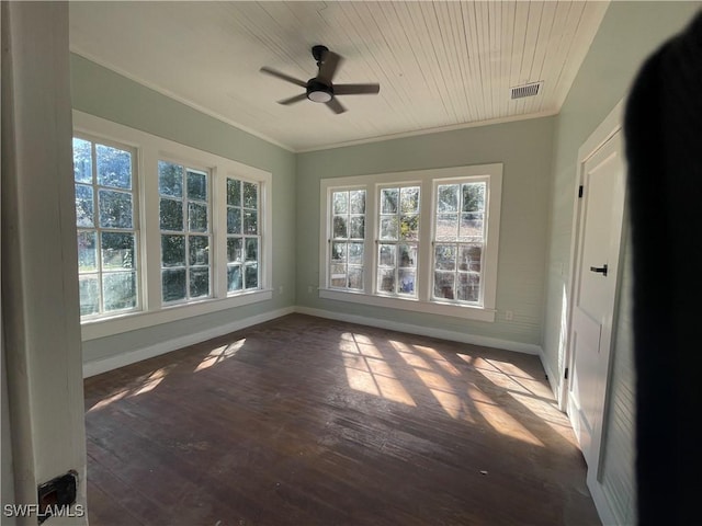 unfurnished sunroom featuring wooden ceiling and ceiling fan