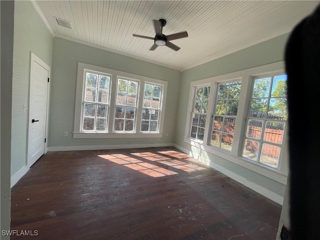 unfurnished sunroom featuring ceiling fan and wooden ceiling