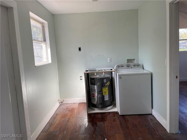 laundry area featuring water heater, washer / dryer, and dark hardwood / wood-style flooring