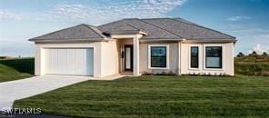 view of front of property with a garage and a front lawn