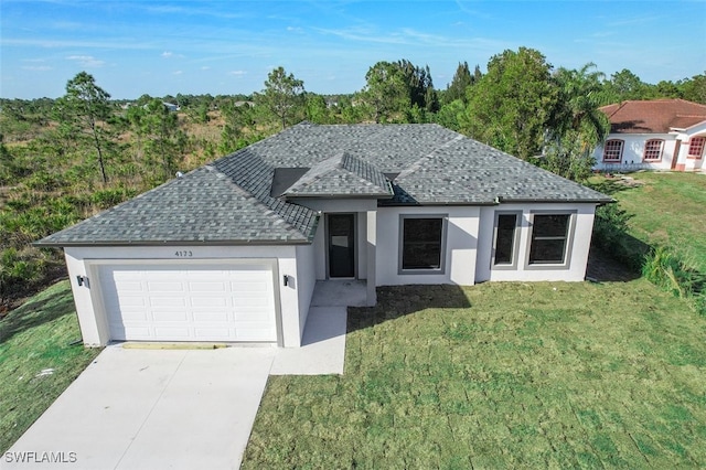 ranch-style house with stucco siding, a shingled roof, a front yard, a garage, and driveway