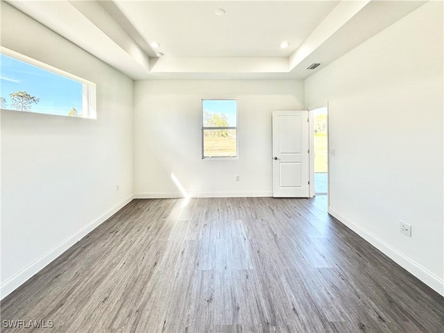 empty room with dark hardwood / wood-style flooring and a raised ceiling