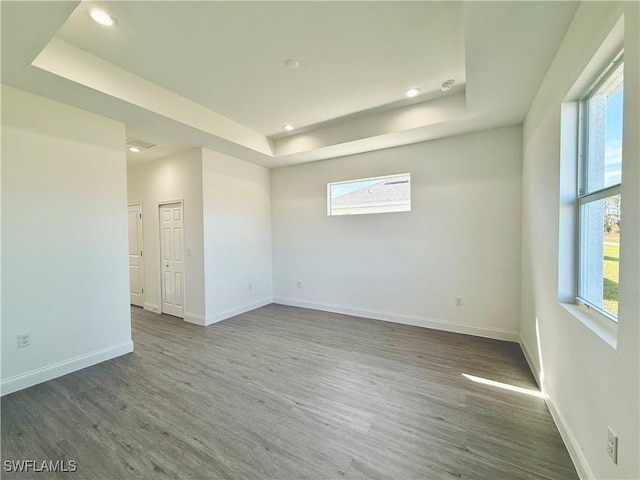 unfurnished room featuring a tray ceiling, plenty of natural light, and dark hardwood / wood-style floors