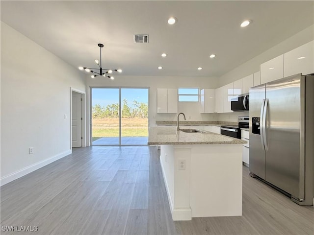 kitchen featuring sink, decorative light fixtures, a center island with sink, stainless steel appliances, and white cabinets