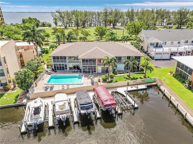 aerial view featuring a water view