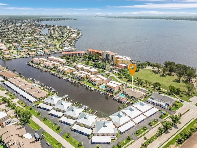 drone / aerial view featuring a water view