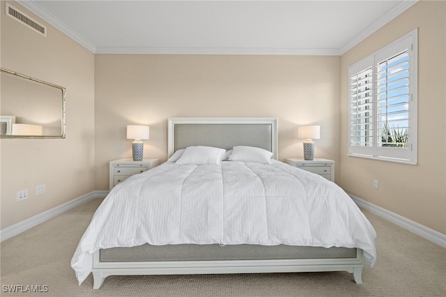 bedroom featuring ornamental molding and light colored carpet