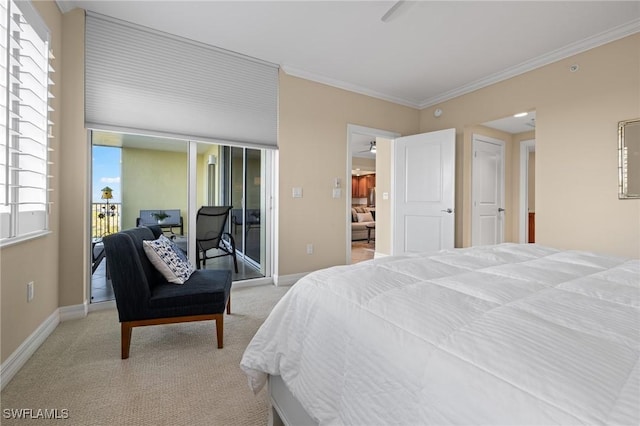 carpeted bedroom featuring ornamental molding and access to outside