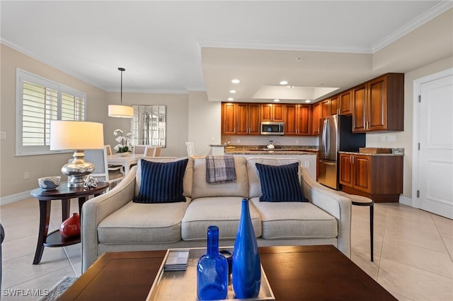 living room featuring crown molding and light tile patterned flooring