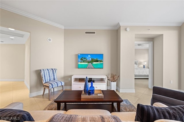 tiled living room with ornamental molding