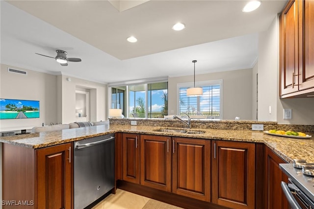 kitchen featuring sink, decorative light fixtures, stainless steel dishwasher, kitchen peninsula, and light stone countertops